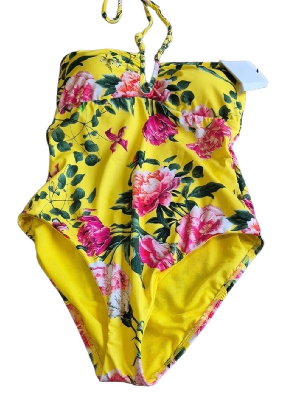 Gibson & Latimer Floral One Piece Swimsuit Medium Yellow Pink Halter NWT